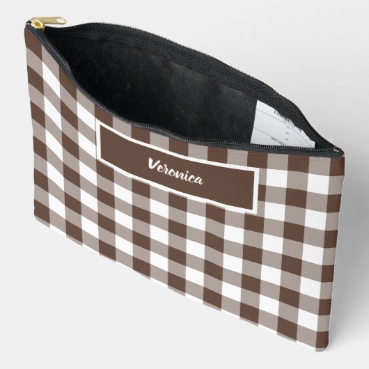 Chocolate Brown Plaid Gingham Personalized Zubehörtasche (Offen)