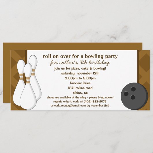 Chocolate Brown Roll Over Bowling Birthday Party Einladung (Vorne/Hinten)