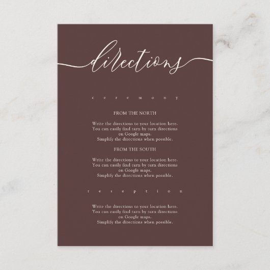 Chocolate Brown Simple Wedding Directions Begleitkarte (Vorderseite)
