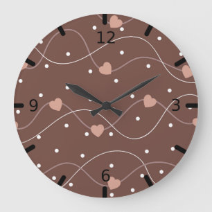 Chocolate Brown with Pink Hearts Pattern Große Wanduhr