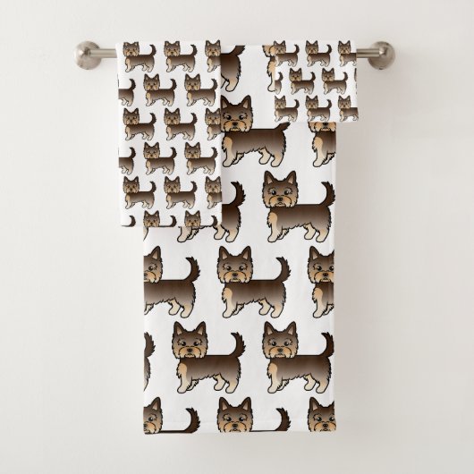Chocolate Brown Yorkshire Terrier Dog Pattern Badhandtuch Set (Insitu)