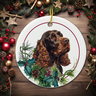 Chocolate-Cocker-Spaniel-Evergreen-Beeren-Kranz Keramik Ornament