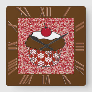 Chocolate Cupcake on Red and White Pattern Quadratische Wanduhr