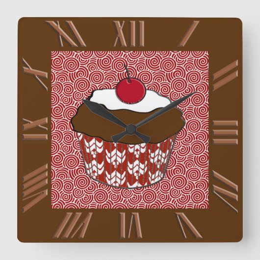 Chocolate Cupcake on Red and White Pattern Quadratische Wanduhr (Vorderseite)
