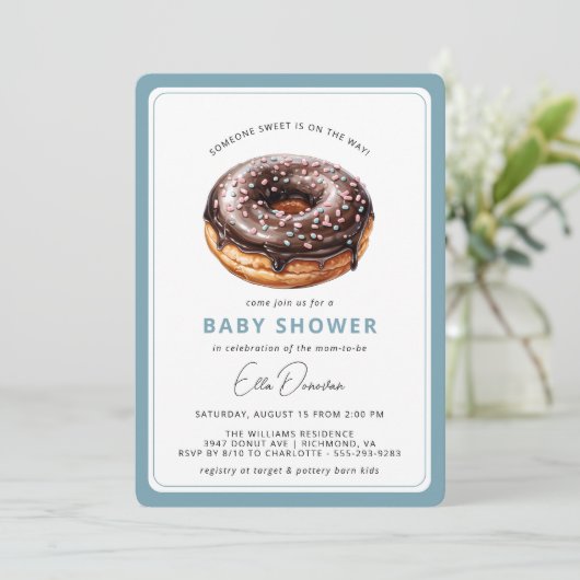 Chocolate Donut | Cute Blue Boy Baby Shower Einladung (Stehend Vorderseite)