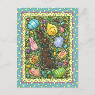 CHOCOLATE EASTER BUNNY, CHICK, EGGS, JELLY BEANS FEIERTAGSPOSTKARTE