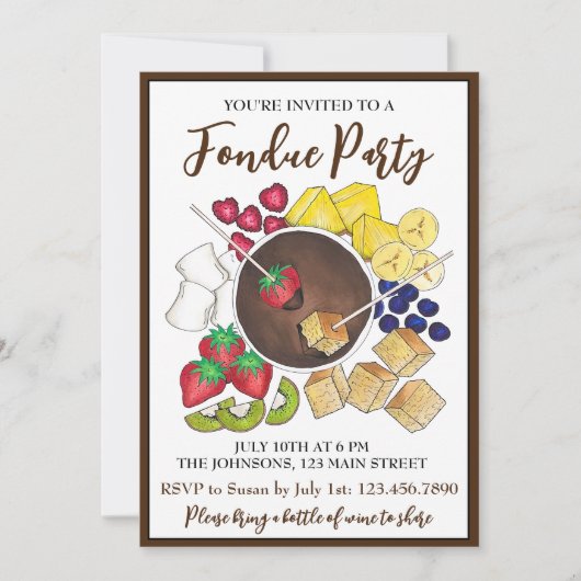 Chocolate Fondue Dessert Party Obstkuchen Berries Einladung (Vorderseite)