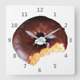 Chocolate Frosted Yellow Cake Donut with Bite Out Quadratische Wanduhr