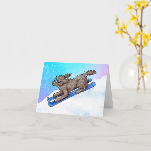 Chocolate Goldendoodle DoodleMoji Karte (Gelbe Blume)