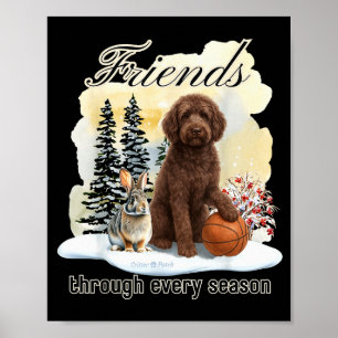 Chocolate-Goldendoodle und Freund im Winterschnee  Poster