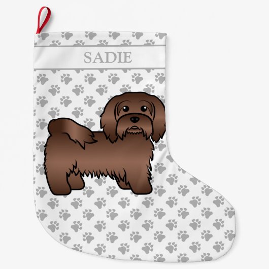 Chocolate Havanese Niedlich Cartoon Dog & Name Großer Weihnachtsstrumpf (Vorderseite)