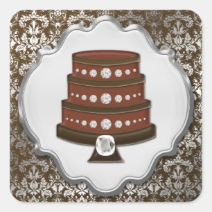 Chocolate-Kuchen-Couture-Damask-Quadrat-Bäckerei-E Quadratischer Aufkleber