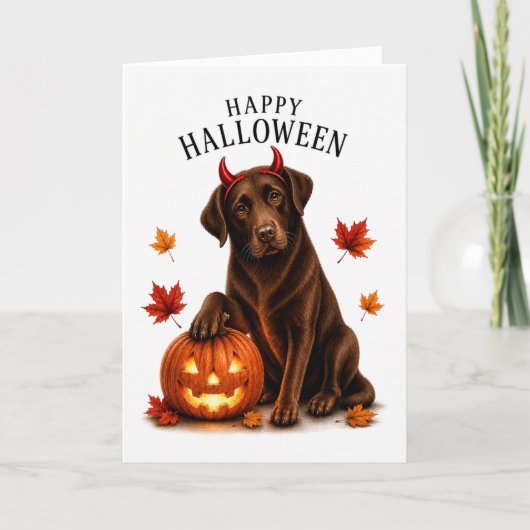 Chocolate Labrador Halloween Teufelshund Karte (Vorderseite)