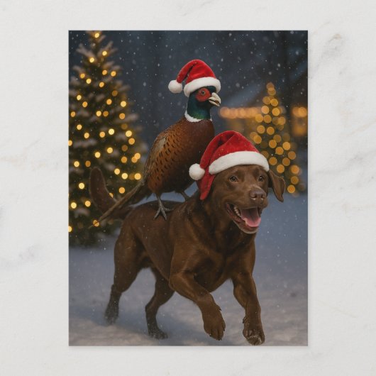 Chocolate Labrador & Partridge Christmas postcard Postkarte (Vorderseite)