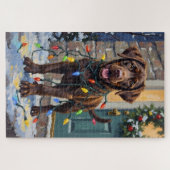 Chocolate Labrador Tangled in Christmas Lights Puzzle (Horizontal)