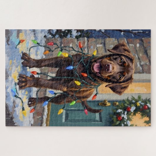 Chocolate Labrador Tangled in Christmas Lights Puzzle (Horizontal)