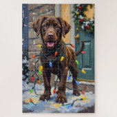 Chocolate Labrador Tangled in Christmas Lights Puzzle (Vertikal)