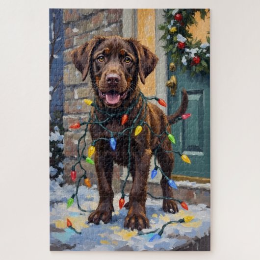 Chocolate-Labrador verheddert in Weihnachtslichter Puzzle (Vertikal)