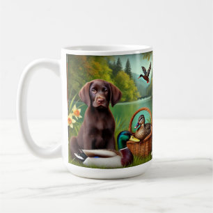 Chocolate-Labrador-Welpe an einem See mit Enten Kaffeetasse