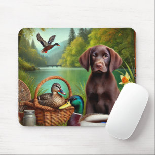 Chocolate-Labrador-Welpe an einem See mit Enten Mousepad