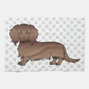 Chocolate Langhaar-Dachshund-Cartoon-Hund & Pfoten Geschirrtuch