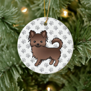 Chocolate Long Coat Chihuahua Cartoon Hund & Pfote Keramik Ornament