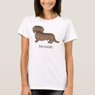 Chocolate Long Hair Dachshund Cartoon Hund & Text T-Shirt