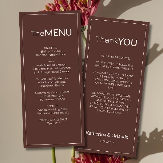 Chocolate-Old-Money-Hochzeitsmenü-Dankeschön-Karte Programm