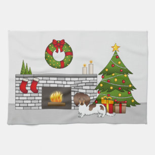 Chocolate & Tan Pied Langhaar-Dachshund Weihnachte Geschirrtuch