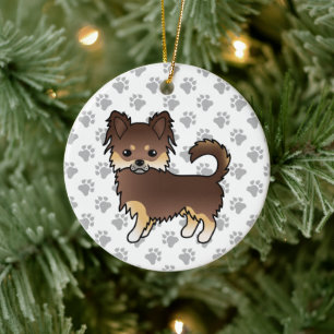 Chocolate- und Tan-Langhaar-Chihuahua-Hund & Pfote Keramik Ornament