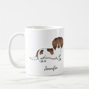 Chocolate- und Tan-Piebald Langhaar-Dachshund & Na Kaffeetasse