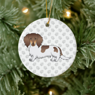 Chocolate- und Tan-Piebald Langhaar-Dachshund & Te Keramik Ornament