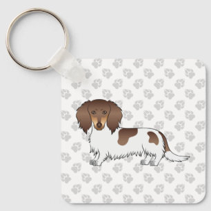 Chocolate- und Tan-Piebald Langhaar-Dachshund und  Schlüsselanhänger