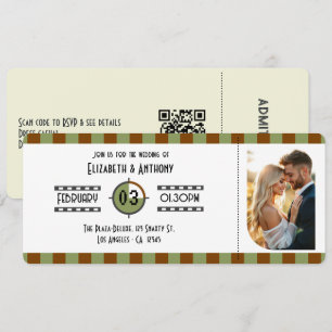 Chocolatebraun, Salbeigrün und Beige Ticket Hochze Einladung