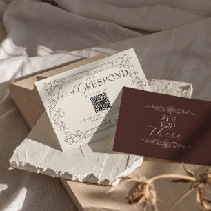 Chocolatebraune Florale Old Money QR-Code Hochzeit RSVP Karte