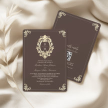 Chocolatebraune Gold Barock Monogramm QR Hochzeit