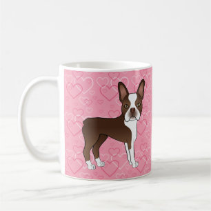 Chocolatebrauner Boston Terrier Hund auf rosa Herz Kaffeetasse
