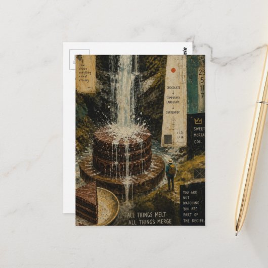 Chocolatekuchen-Wasserfall Surreal Mixed Media Postkarte (Vorderseite/Rückseite Beispiel)