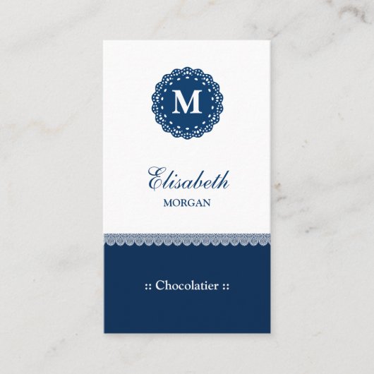 Chocolatier EleganBlue Lace Monogram Visitenkarte (Vorderseite)