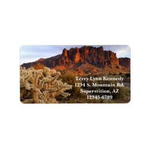 Cholla-Kaktus und Superstition Mountain / Arizona Adressaufkleber