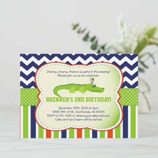 Chomp Chomp!  Alligator-Themenorientierte Party Einladung (Stehend Vorderseite)