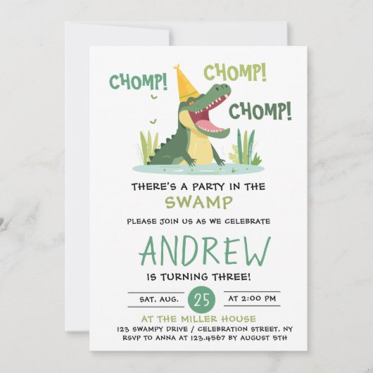 Chomp Chomp Party in der Sumpfalligatorin Geburtst Einladung (Vorderseite)