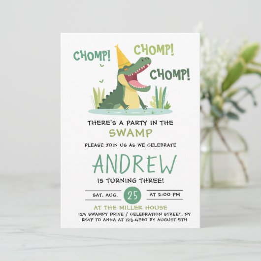 Chomp Chomp Party in der Sumpfalligatorin Geburtst Einladung (Stehend Vorderseite)