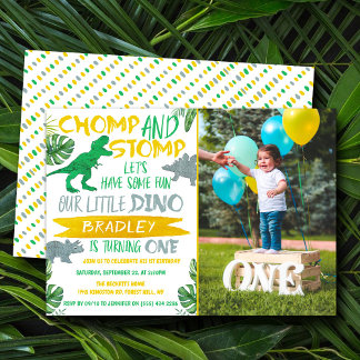 Chomp & Stomp! Dinosaur Boys 1. Geburtstags-Foto Einladung