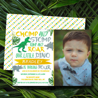 Chomp & Stomp! Dinosaurier Boys 4. Geburtstags-Fot Einladung