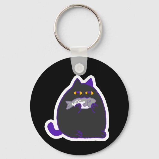 Chonky Black Cat with a Fish Keychain Schlüsselanhänger (Vorderseite)