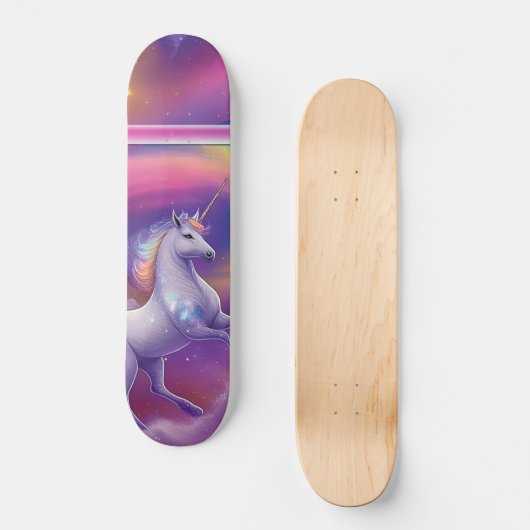 Chonky White Unicorn Fantasy Lila Cloudy Sky Skateboard (Vorderseite)