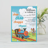 Choo Choo Bahn Kinder Niedliches Zugticket Geburts Einladung (Stehend Vorderseite)