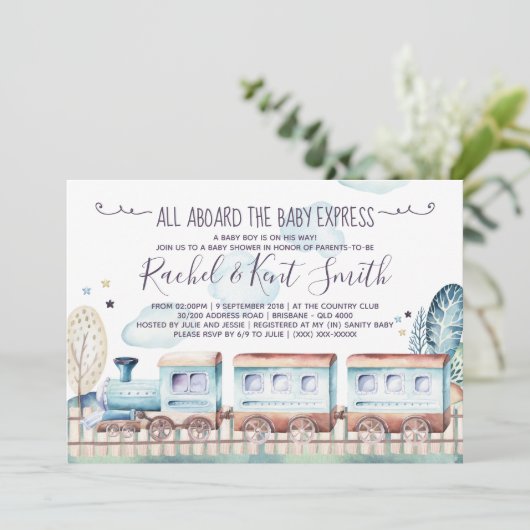 Choo Choo Dusche Wasserfarben Kinderspülung Einladung (Stehend Vorderseite)