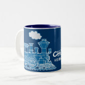 "Choo Choo kommt hier zum Zug" blaue Tasse (Vorderseite Links)